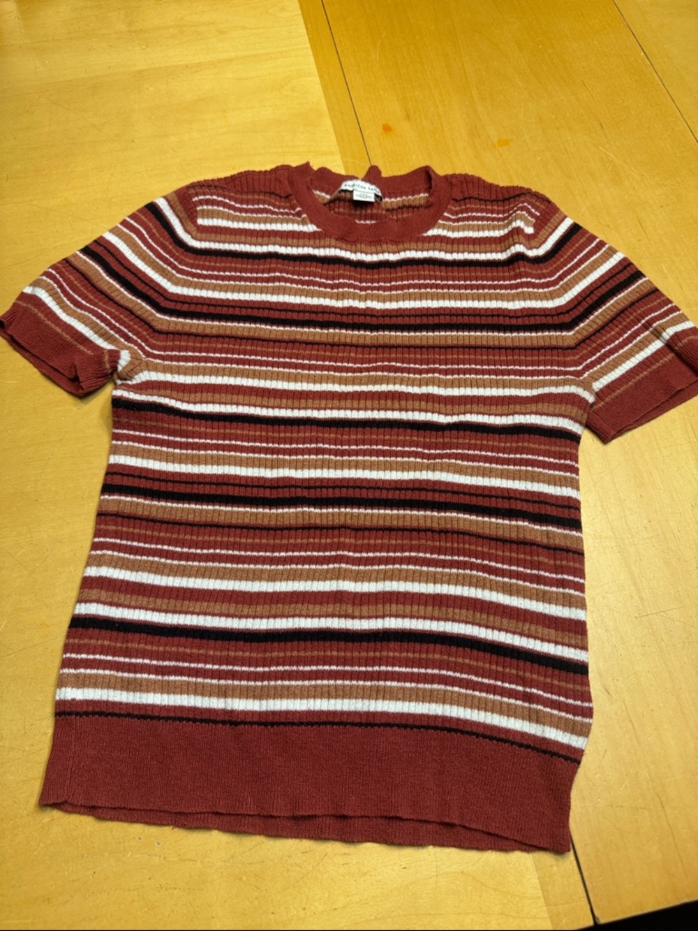 American Eagle Short-Sleeve Striped Knit Sweater in Rust Sz L